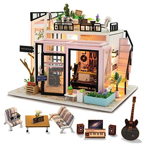  GuDoQi DIY Miniature Dollhouse Kit, Tiny House kit with Music and Dust Proof, Miniature House Kit 1:24 Scale, Great Handmade Crafts Gift for Mothers Day Birthday, Music Studio