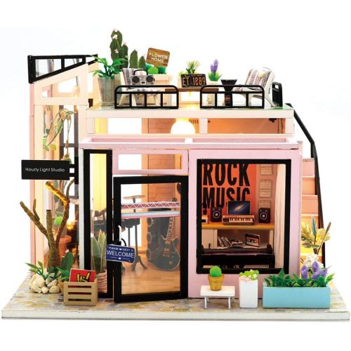  GuDoQi DIY Miniature Dollhouse Kit, Tiny House kit with Music and Dust Proof, Miniature House Kit 1:24 Scale, Great Handmade Crafts Gift for Mothers Day Birthday, Music Studio