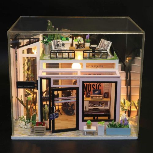  GuDoQi DIY Miniature Dollhouse Kit, Tiny House kit with Music and Dust Proof, Miniature House Kit 1:24 Scale, Great Handmade Crafts Gift for Mothers Day Birthday, Music Studio