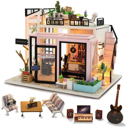  GuDoQi DIY Miniature Dollhouse Kit, Tiny House kit with Music and Dust Proof, Miniature House Kit 1:24 Scale, Great Handmade Crafts Gift for Mothers Day Birthday, Music Studio