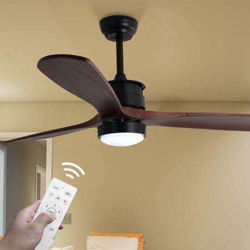  Guangjiefushi 52 Inch Ceiling Fan with Light， and Remote Control for Farmhouse/Patios, Remote Ceiling Light， Modern Ceiling Fan with Light， 3 Wood Blades, 2 Downrod Included