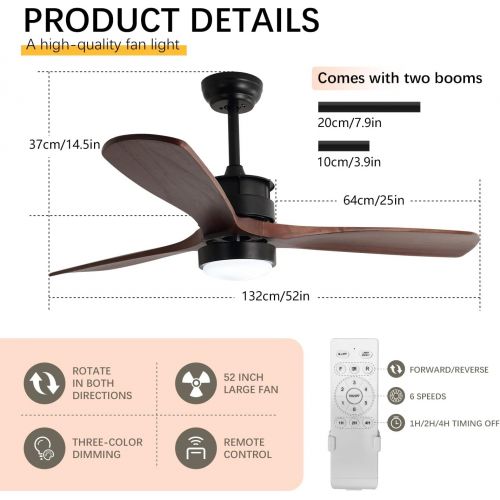  Guangjiefushi 52 Inch Ceiling Fan with Light， and Remote Control for Farmhouse/Patios, Remote Ceiling Light， Modern Ceiling Fan with Light， 3 Wood Blades, 2 Downrod Included