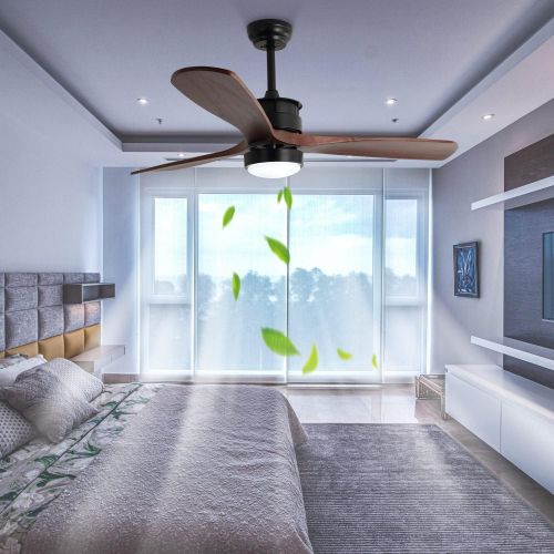  Guangjiefushi 52 Inch Ceiling Fan with Light， and Remote Control for Farmhouse/Patios, Remote Ceiling Light， Modern Ceiling Fan with Light， 3 Wood Blades, 2 Downrod Included