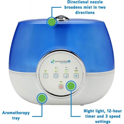  Guardian Technologies Pure Guardian H4810AR Ultrasonic Warm and Cool Mist Humidifier, 120 Hrs. Run Time, 2 Gal. Tank, 600 Sq. Ft. Coverage, Large Rooms, Quiet, Filter Free, Treated Tank Resists Mold, Es