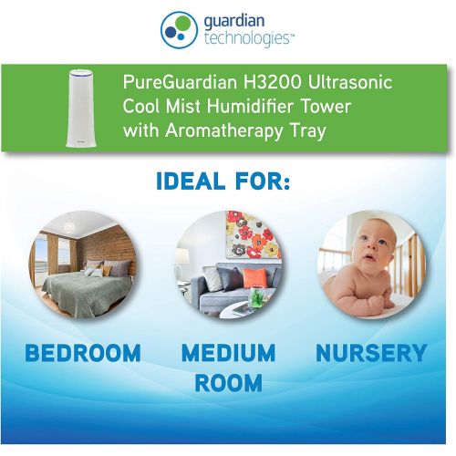  Guardian Technologies PureGuardian H3200WCA Ultrasonic Cool Mist Humidifier for Bedrooms, Baby Nursery, Quiet, Filter-Free, 7.5L Output Up to 100 Hr Run Time, 1.5 Gal Treated Tank Surface Resists Mold,