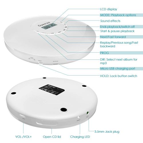  [아마존 핫딜]  [아마존핫딜]Gueray Tragbarer CD Player Eingebauter 1400mAh-Akku Compact Disc-Player mit Kopfhoerern Upgrade Persoenliche CD-Musik-Disc Walkman-Player Stosssicherer Schutz mit LCD-Display