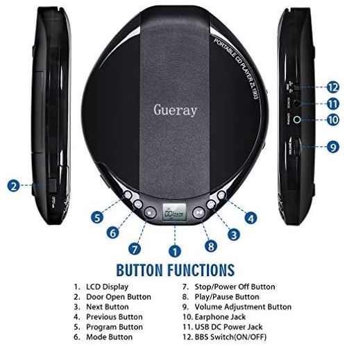  [아마존베스트]Gueray Portable CD player with HiFi lossless sound quality and headphones and 3.5 to 3.5 mm AUX cable.