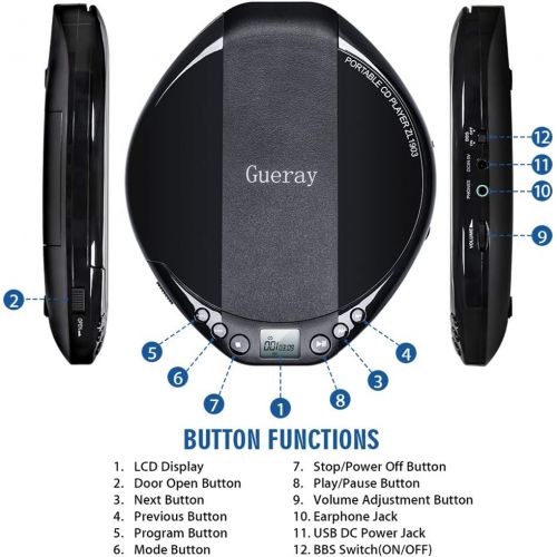  [아마존베스트]Gueray Portable CD player with HiFi lossless sound quality and headphones and 3.5 to 3.5 mm AUX cable.