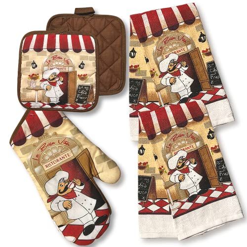  [아마존베스트]Kitchen Sets Chef Themed Kitchen Towel Set with 2 Quilted Pot Holders, 2 Dish Towels and 1 Oven Mitt