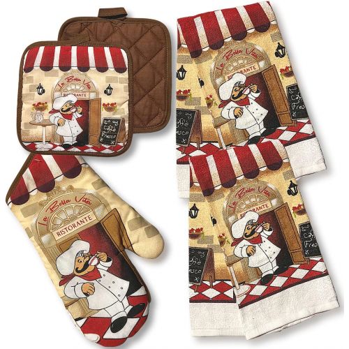  [아마존베스트]Kitchen Sets Chef Themed Kitchen Towel Set with 2 Quilted Pot Holders, 2 Dish Towels and 1 Oven Mitt