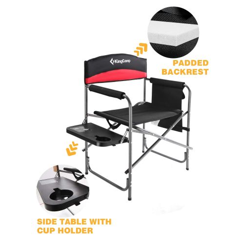  Guide KingCamp Heavy Duty Camping Folding Director Chair Oversize Padded Seat with Side Table and Side Pockets, Supports 396 lbs