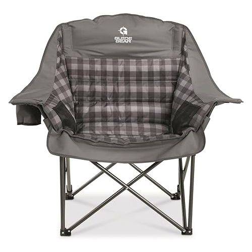  Guide Gear Oversized Extra Large Padded Camping Chair, Portable, Folding, Large Camp Lounge Chairs for Outdoor, Adults, Men and Women, Heavy-Duty 400 Pound Capacity, with Cup Holder Gray Plaid