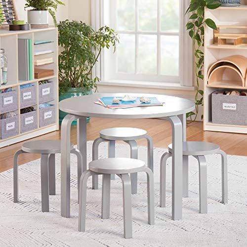  Guidecraft Nordic Table and Chairs Set for Kids: Multi-Color, Stacking Bentwood Stools with Curved Wood Activity Table - Modern Toddler Kitchen, Playroom and Classroom Furniture