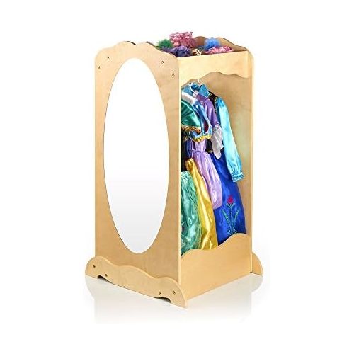  Guidecraft Dress Up Cubby Center  Natural: Wooden Wardrobe with Mirror for Kids, Pretend Play Storage Station with Rack and Hooks - Toddler Bedroom Furniture