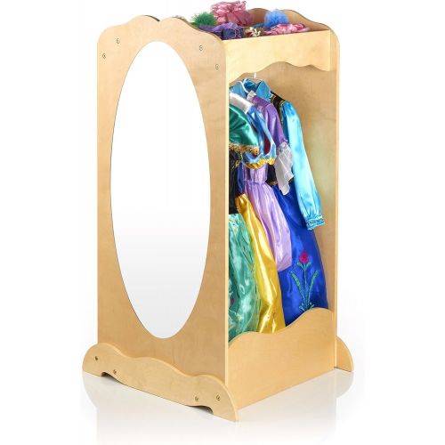  Guidecraft Dress Up Cubby Center  Natural: Wooden Wardrobe with Mirror for Kids, Pretend Play Storage Station with Rack and Hooks - Toddler Bedroom Furniture