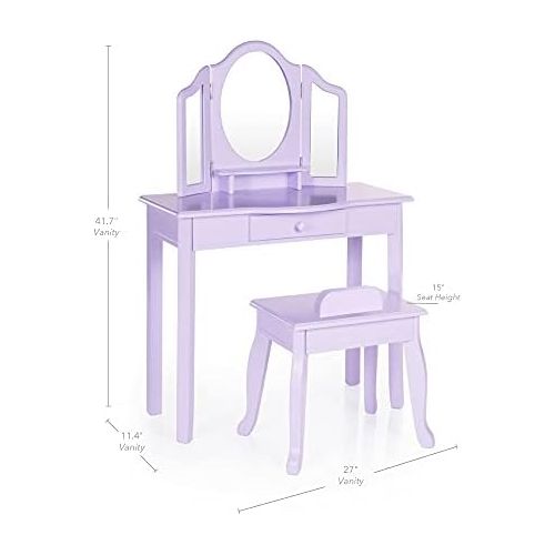  Guidecraft Vanity and Stool  Lavender: Childrens Table and Chair Set with 3 Mirrors and Makeup Drawer Storage - Kids Room Furniture