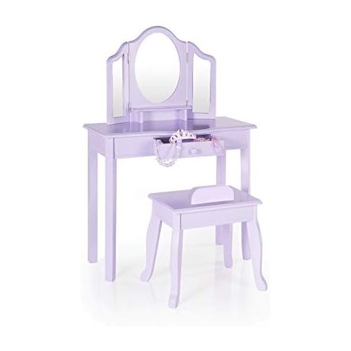  Guidecraft Vanity and Stool  Lavender: Childrens Table and Chair Set with 3 Mirrors and Makeup Drawer Storage - Kids Room Furniture