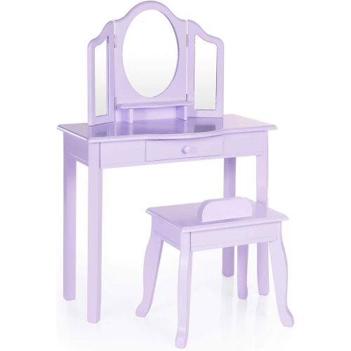  Guidecraft Vanity and Stool  Lavender: Childrens Table and Chair Set with 3 Mirrors and Makeup Drawer Storage - Kids Room Furniture
