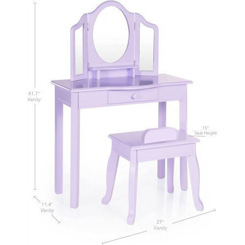  Guidecraft Vanity and Stool  Lavender: Childrens Table and Chair Set with 3 Mirrors and Makeup Drawer Storage - Kids Room Furniture