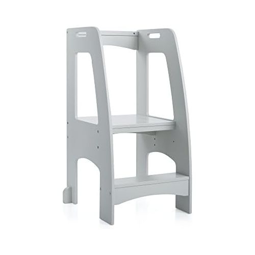  Guidecraft Kitchen Helper Tower Step-Up - Gray: Kids Wooden, Adjustable Counter Height, Step Stool with Safety Handrails for Little Children - Toddler Furniture