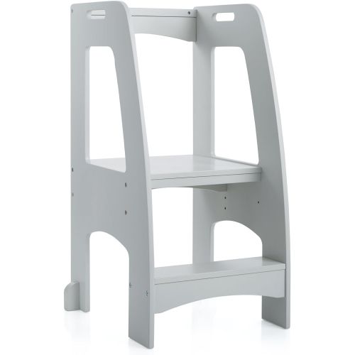  Guidecraft Kitchen Helper Tower Step-Up - Gray: Kids Wooden, Adjustable Counter Height, Step Stool with Safety Handrails for Little Children - Toddler Furniture