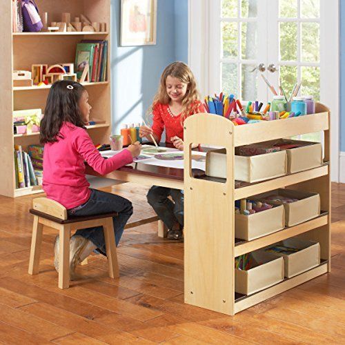  Guidecraft Deluxe Art Center - Side Storage Shelves, Two Stools & Canvas Bins