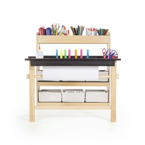  Guidecraft Deluxe Art Center - Side Storage Shelves, Two Stools & Canvas Bins