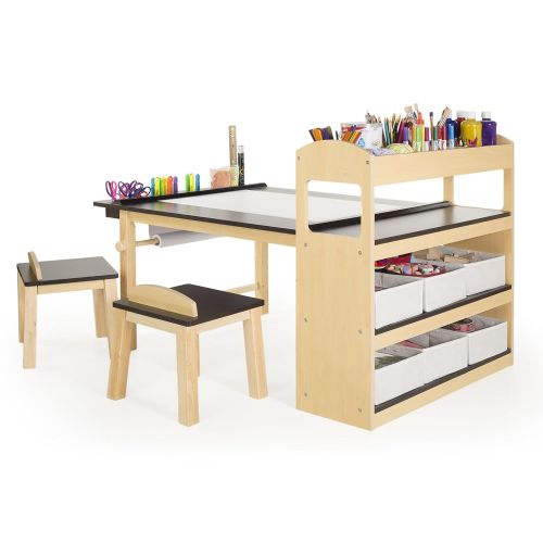  Guidecraft Deluxe Art Center - Side Storage Shelves, Two Stools & Canvas Bins