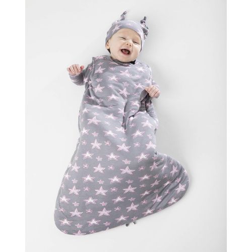  Gunamuna Gunapod Swaddle Sack 5-Way Adjustable Sleeping Bag, Grey Pink Stars, 0-3 Months