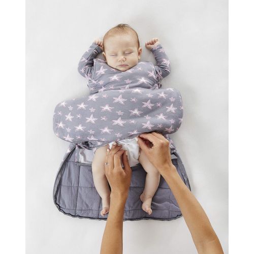  Gunamuna Gunapod Swaddle Sack 5-Way Adjustable Sleeping Bag, Grey Pink Stars, 0-3 Months