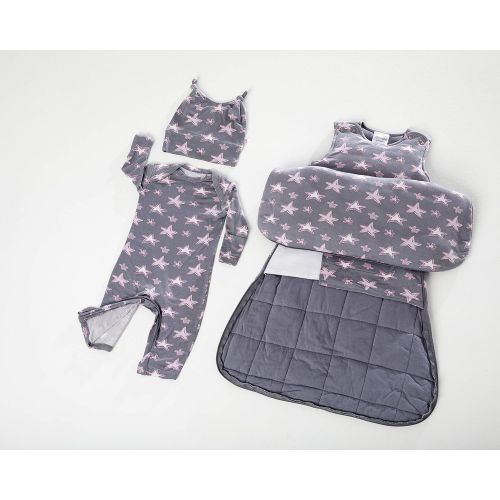  Gunamuna Gunapod Swaddle Sack 5-Way Adjustable Sleeping Bag, Grey Pink Stars, 0-3 Months