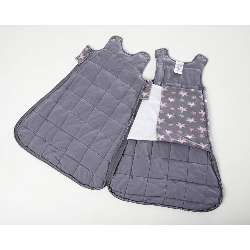  Gunamuna Gunapod Swaddle Sack 5-Way Adjustable Sleeping Bag, Grey Pink Stars, 0-3 Months