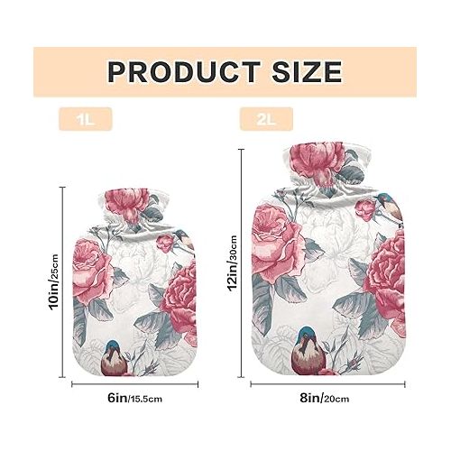  hot Water Bottles with Velvet Cover 2L fashy ice Packs for Injuries, Hand & Feet Warmer Bird Floral Flower Vintage Style