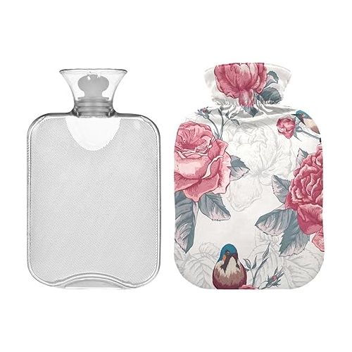  hot Water Bottles with Velvet Cover 2L fashy ice Packs for Injuries, Hand & Feet Warmer Bird Floral Flower Vintage Style