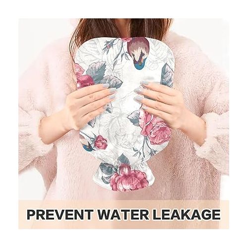  hot Water Bottles with Velvet Cover 2L fashy ice Packs for Injuries, Hand & Feet Warmer Bird Floral Flower Vintage Style