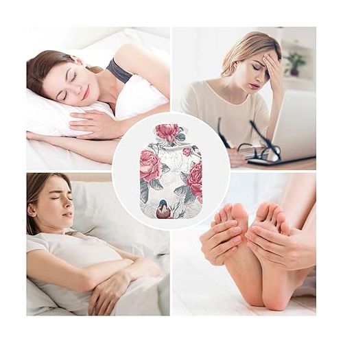  hot Water Bottles with Velvet Cover 2L fashy ice Packs for Injuries, Hand & Feet Warmer Bird Floral Flower Vintage Style