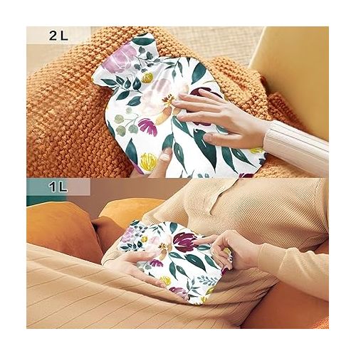  Warm Water Bottle with Soft Cover 2L fashy Shoulder ice Pack for Bed, Kids Men & Women Watercolor Floral Pattern Delicate Flower