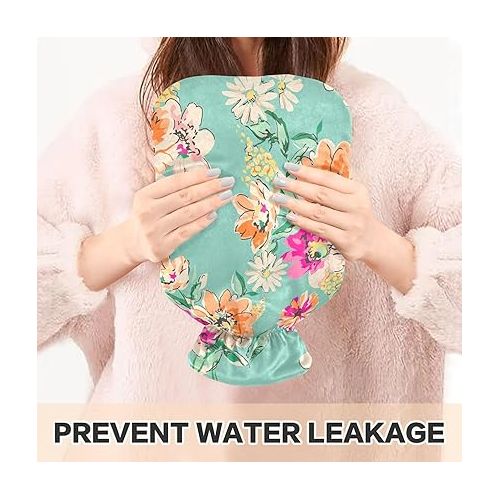  Hot Bottle Water Bag with Soft Cover 2L fashy ice Packs for Injuries, Hand & Feet Warmer Sketched Flower Print Bright Colors