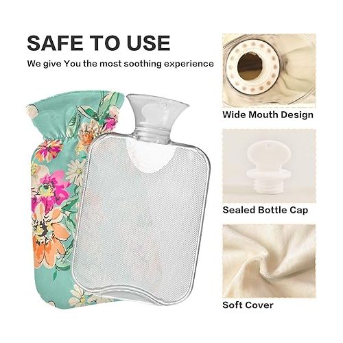  Hot Bottle Water Bag with Soft Cover 2L fashy ice Packs for Injuries, Hand & Feet Warmer Sketched Flower Print Bright Colors