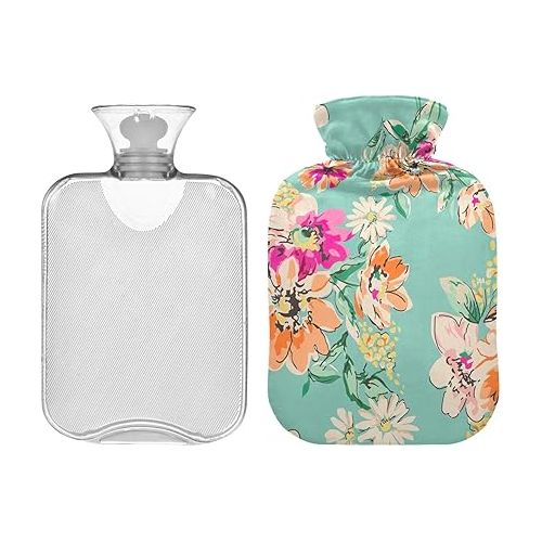  Hot Bottle Water Bag with Soft Cover 2L fashy ice Packs for Injuries, Hand & Feet Warmer Sketched Flower Print Bright Colors