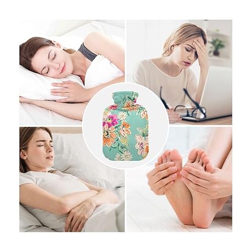  Hot Bottle Water Bag with Soft Cover 2L fashy ice Packs for Injuries, Hand & Feet Warmer Sketched Flower Print Bright Colors