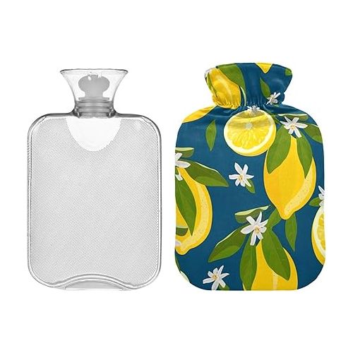  hot Water Velvet Transparent 2L fashy ice Pack for Hot and Cold Therapies Lemon Fruits with Flowers and Leaves Blue Citrus Fruits