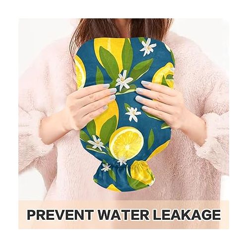  hot Water Velvet Transparent 2L fashy ice Pack for Hot and Cold Therapies Lemon Fruits with Flowers and Leaves Blue Citrus Fruits