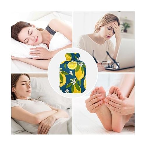  hot Water Velvet Transparent 2L fashy ice Pack for Hot and Cold Therapies Lemon Fruits with Flowers and Leaves Blue Citrus Fruits