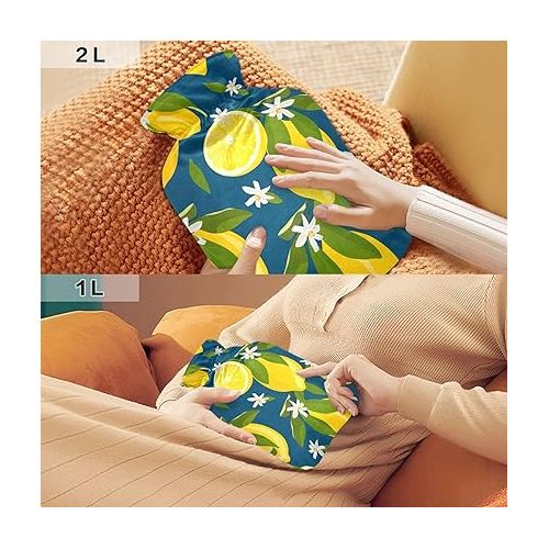  hot Water Velvet Transparent 2L fashy ice Pack for Hot and Cold Therapies Lemon Fruits with Flowers and Leaves Blue Citrus Fruits