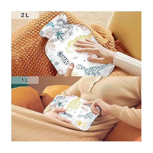  Water Bags Foot Warmer with Velvet Cover 1 Liter fashy ice Pack for Pain Relief, Menstrual Cramps Childish Doodle Striped Cute Dinosaurs