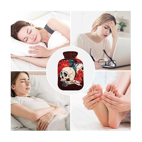  Large Water Bottle with Velvet Cover 2L fashy ice Packs for Menstrual Cramps, Neck and Shoulder Pain Relief Photo Skull and Flowers Day of The Dead Design Element Vintage Card