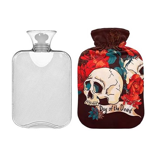  Large Water Bottle with Velvet Cover 2L fashy ice Packs for Menstrual Cramps, Neck and Shoulder Pain Relief Photo Skull and Flowers Day of The Dead Design Element Vintage Card