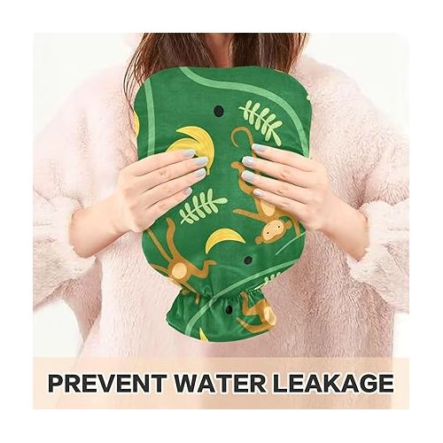  hot Water Bottles with Soft Cover 2L fashy Shoulder ice Pack for Hot and Cold Compress, Hand Feet Seamless Pattern Monkeys Animal Lianas