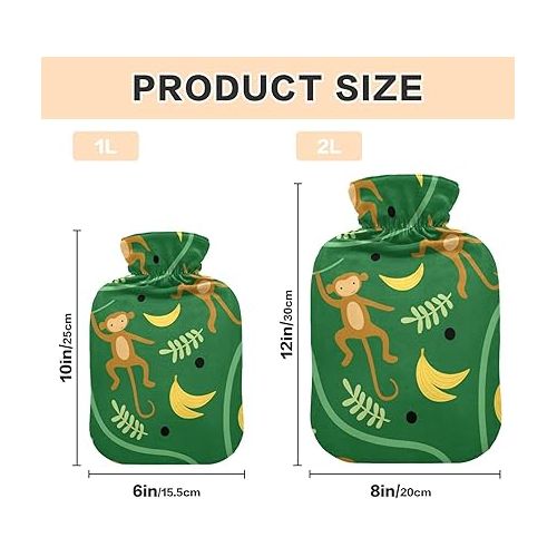  hot Water Bottles with Soft Cover 2L fashy Shoulder ice Pack for Hot and Cold Compress, Hand Feet Seamless Pattern Monkeys Animal Lianas
